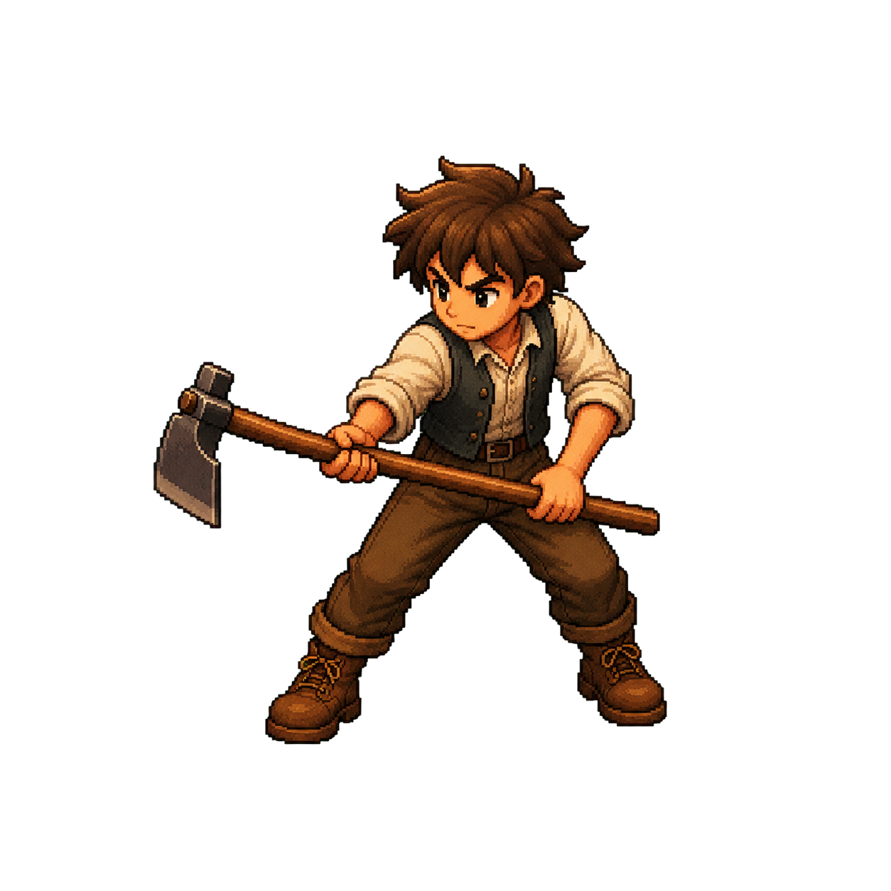 Pixel-art farmer swinging a hoe